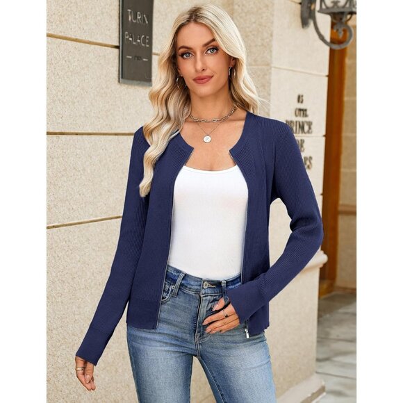 Totatuit Womens Navy Long Sleeves Cardigans Knitted Lightweight Zipper Sweater - Picture 3 of 7